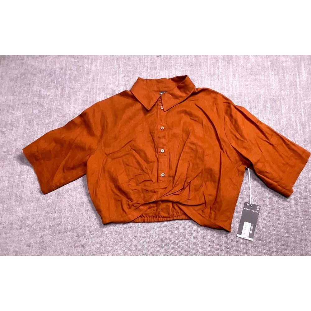 Worthington Cropped Top Womens Medium Rust Orange Pleated Button Front New
